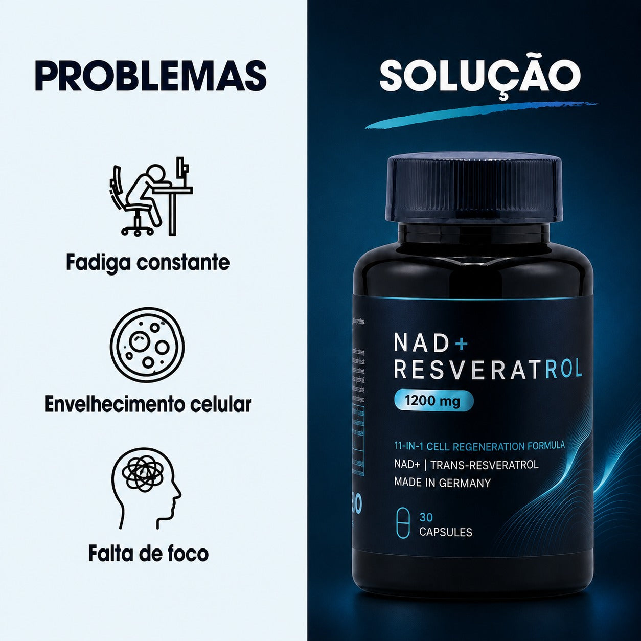 NAD+ Resveratrol 1200 mg — Fórmula de Regeneração Celular · 30 Cápsulas
