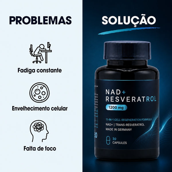NAD+ Resveratrol 1200 mg — Fórmula de Regeneração Celular · 30 Cápsulas